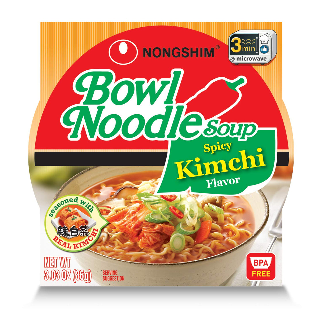 Nongshim Bowl Noodle Soup, Spicy Kimchi Flavor - 12 Pack