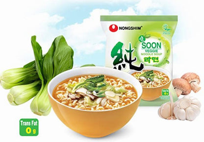 Nongshim SOON Vegan Noodle Soup, Savory Veggie - 4 Pack